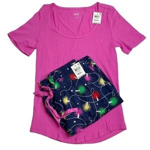 Jenni Ribbed Short Sleeve Shirt Pink & Cotton Flannel Pants Navy Christmas Light